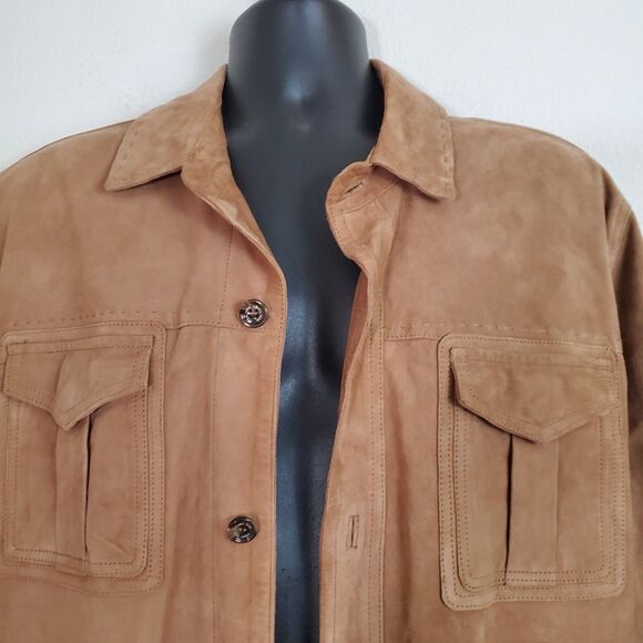 Tasso Elba Men's Jacket Large Brown Suede Leather Shacket Casual Preppy Academia - Picture 2 of 11
